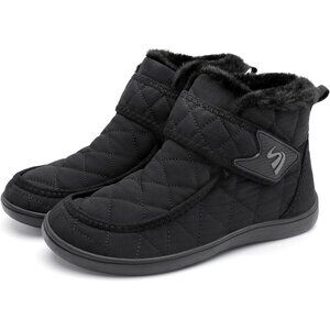 Women’s Black Waterproof Snow Boots, Fuzzy Slip-On Ankle Booties for Outdoor Wal